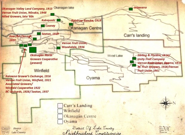 Colour photo of a map showing four communities with packinghouse locations marked by green squares. The map shows the growth of the packinghouses over time, with six packinghouses operating by 1920 and five more by 1930. Over the past century there have been at least twenty packinghouses in operation.