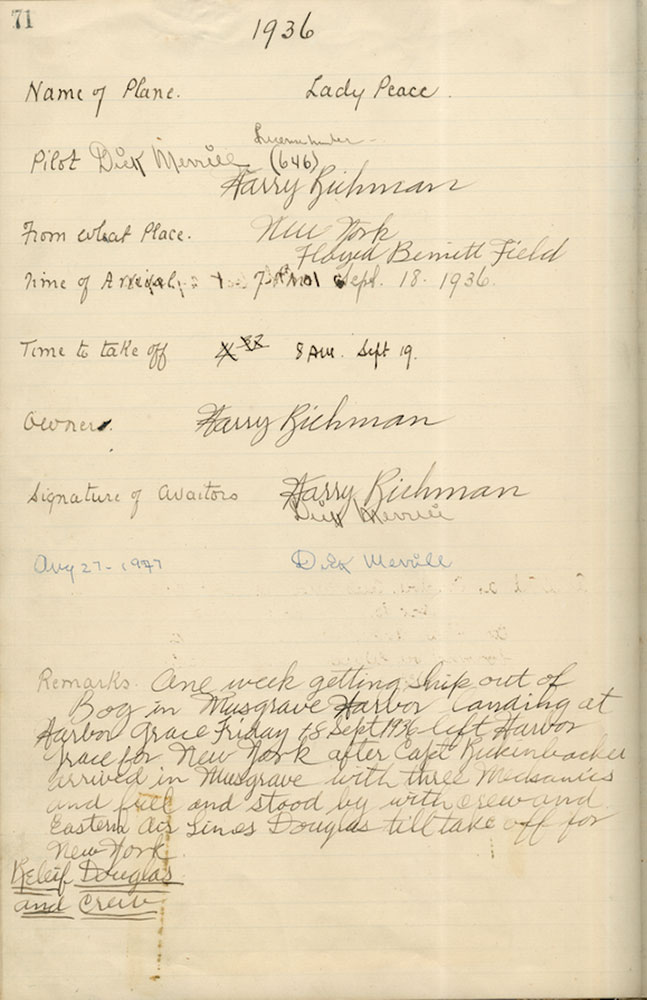 A yellowed, handwritten logbook document stating Lady Peace flight details and their rescue.