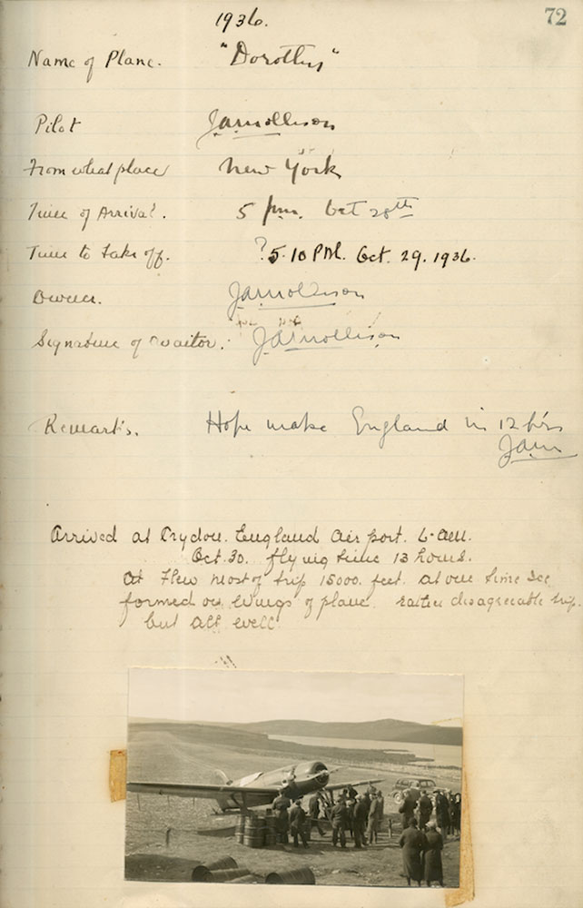 Yellowed, hand written page from airstrip logbook listing details from Dorothy flight.