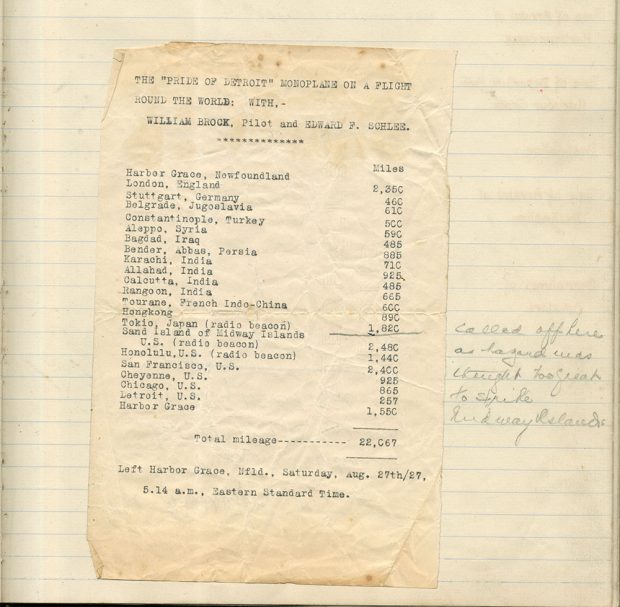A yellow faded document, attached to another page, with handwriting to the side. Main document lists number of miles for each location during Around the World flight for the Pride of Detroit aircraft.