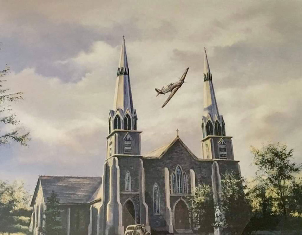 A colour photo of painting of Lamont Parsons' airplane flying between the spires of a Church in Harbour Grace, 1943.