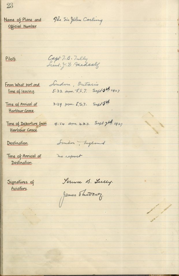 A yellow and faded, handwritten page from the airport logbook listing flight details for the Sir John Carling aircraft.