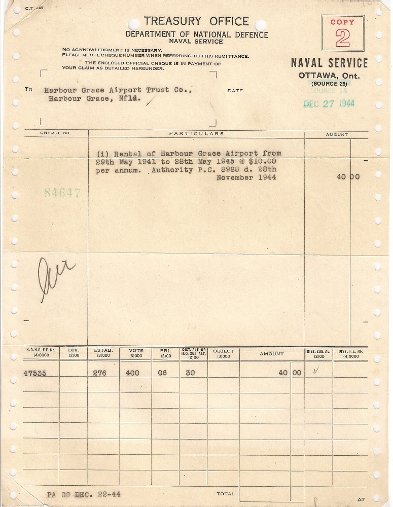A typewritten remittance on yellow, faded paper in the amount of $40.00 from the Treasury Office, Department of National Defence.