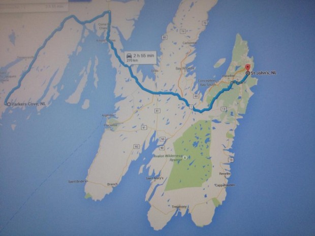 A Google map of with a blue line, that indicates the trip from Parker’s cove to St. John’s is almost 3 hours by car.