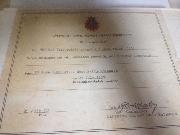 Canadian Armed Forces Release certificate for Al Murphy