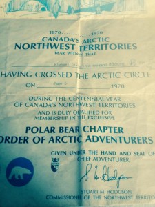 Certificate recognizing that Mike Dicks crossed the Arctic Circle and is a member of the Order of Arctic Adventurers