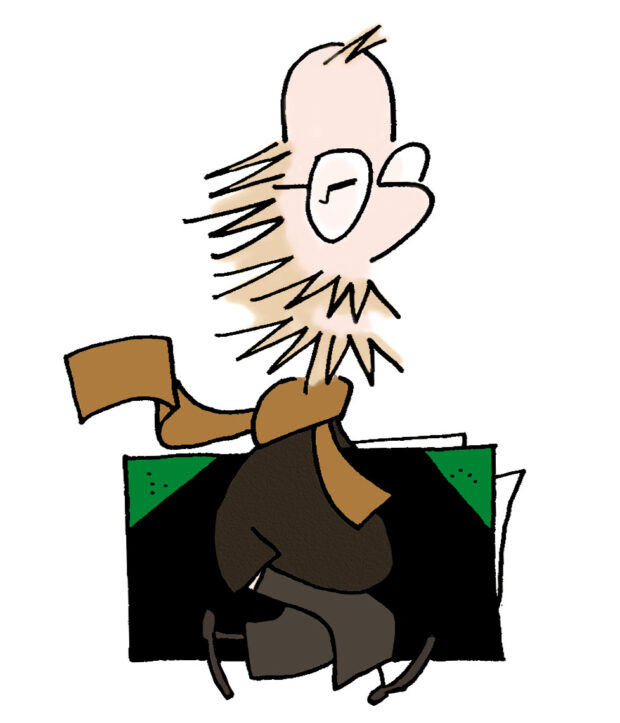 Illustration: Self-portrait of the caricaturist walking with a portfolio tucked under his arm.