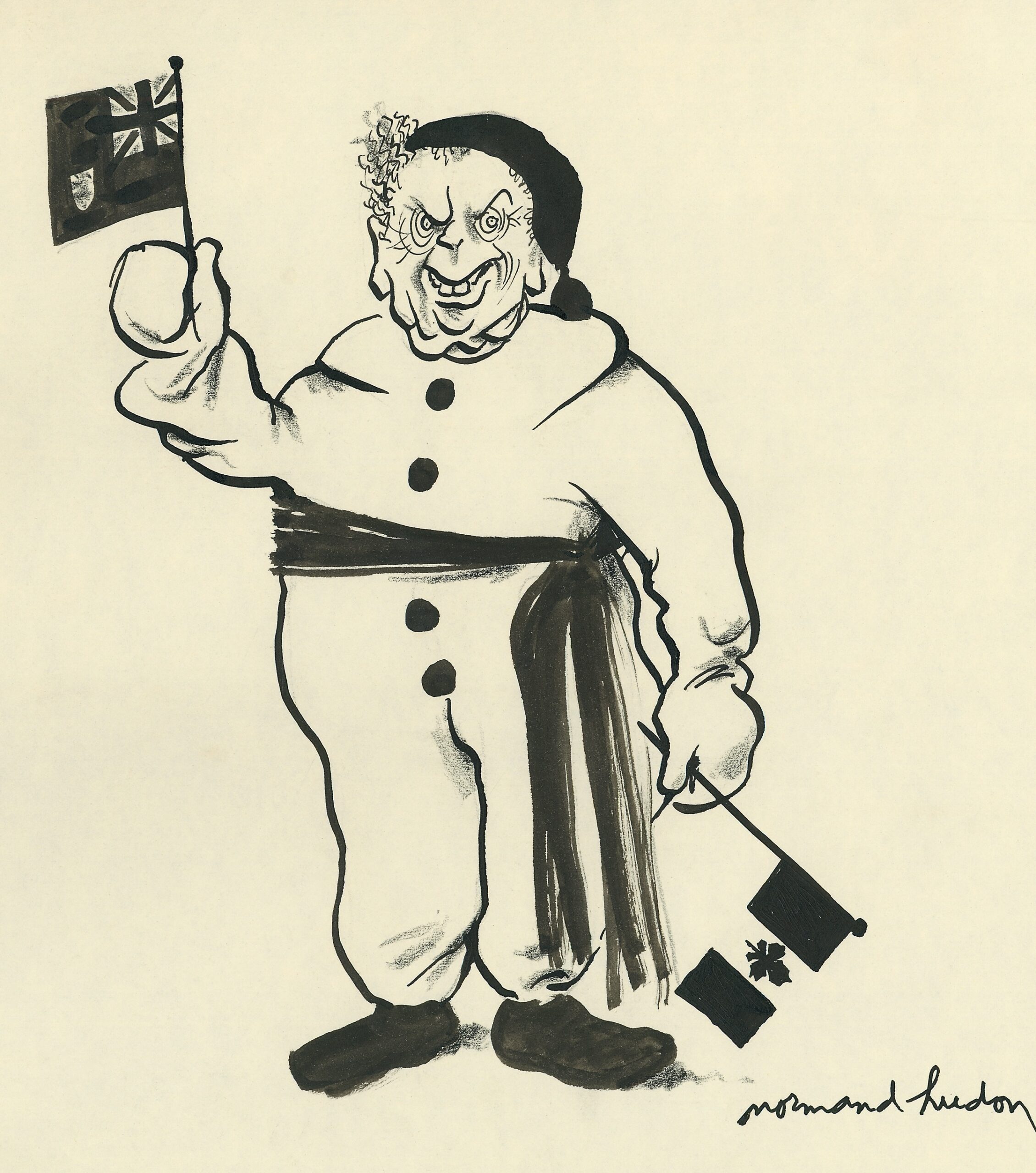 Illustration: Drawing of John Diefenbaker wearing the Bonhomme Carnaval costume, opposing the adoption of the maple leaf as Canada’s flag. He is brandishing the Canadian Red Ensign flag in his right hand while holding the Maple Leaf pointing downwards in his left hand.