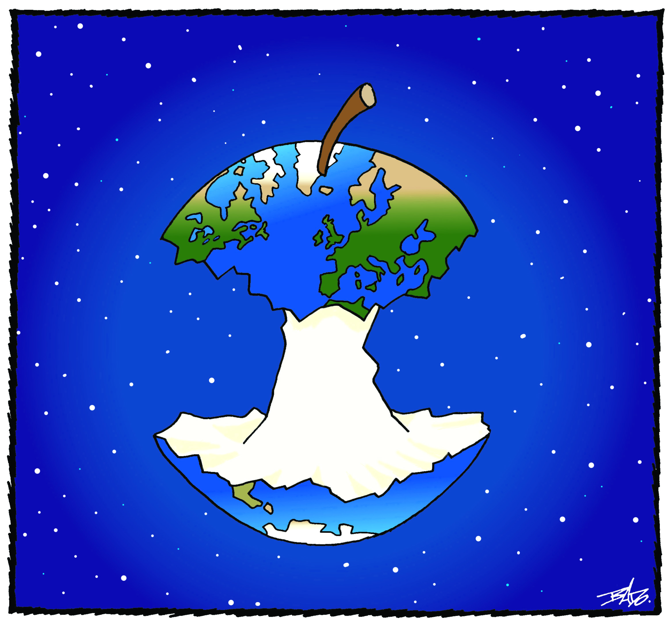 Illustration: Drawing of planet Earth to resemble an apple core.