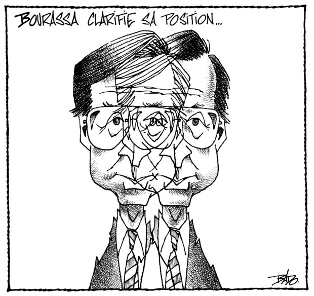 alt= Translated from original French artwork. Title: Bourassa clarifies his position… Illustration: Dual personality portrait of Robert Bourassa.