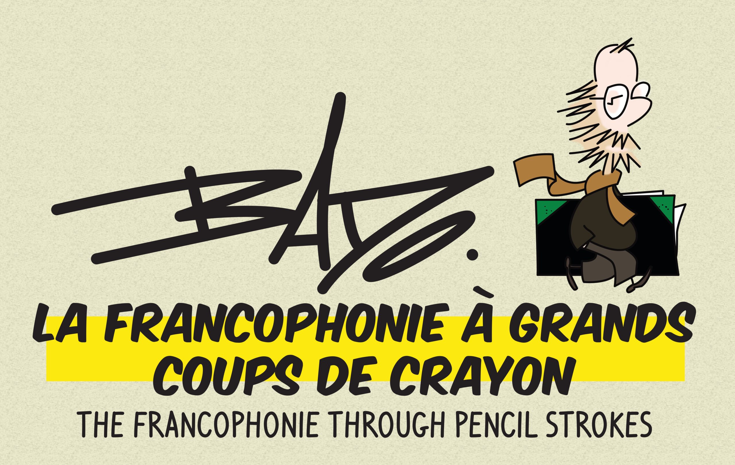 Title: Bado : Bado: The Francophonie Through Pencil Strokes Illustration: Self-portrait of the caricaturist walking with a portfolio tucked under his arm.