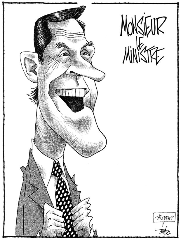 alt= Translated from original French artwork. Title: Mr. Minister Illustration: Drawing of Minister Bernard Grandmaître. The caricaturist’s signature says: “Big Ben?”, referring to Bernard Grandmaître’s height and the clock tower at the Palace of Westminster in London.