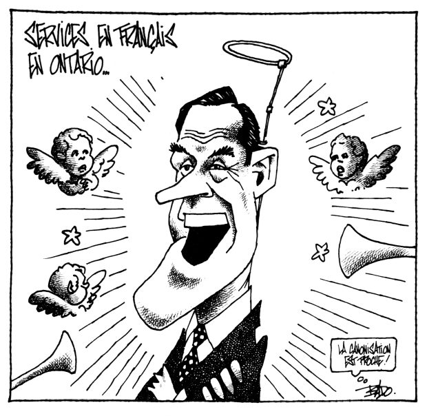 alt= Translated from original French artwork. Title: French-language services in Ontario Illustration: Drawing of Minister Bernard Grandmaître, smiling, surrounded by angels and trumpets, with a halo over his head. The caricaturist’s signature says canonization can’t be far off.