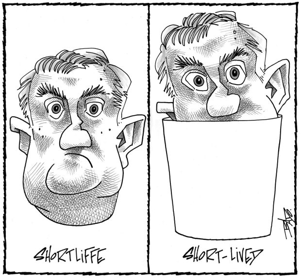 alt= Translated from original French artwork. Illustration: Two drawings representing Glen Shortliffe. The first one is a portrait captioned Shortliffe. In the second one, Shortliffe is in a wastepaper basket with the caption a play on words: “Short-lived.”