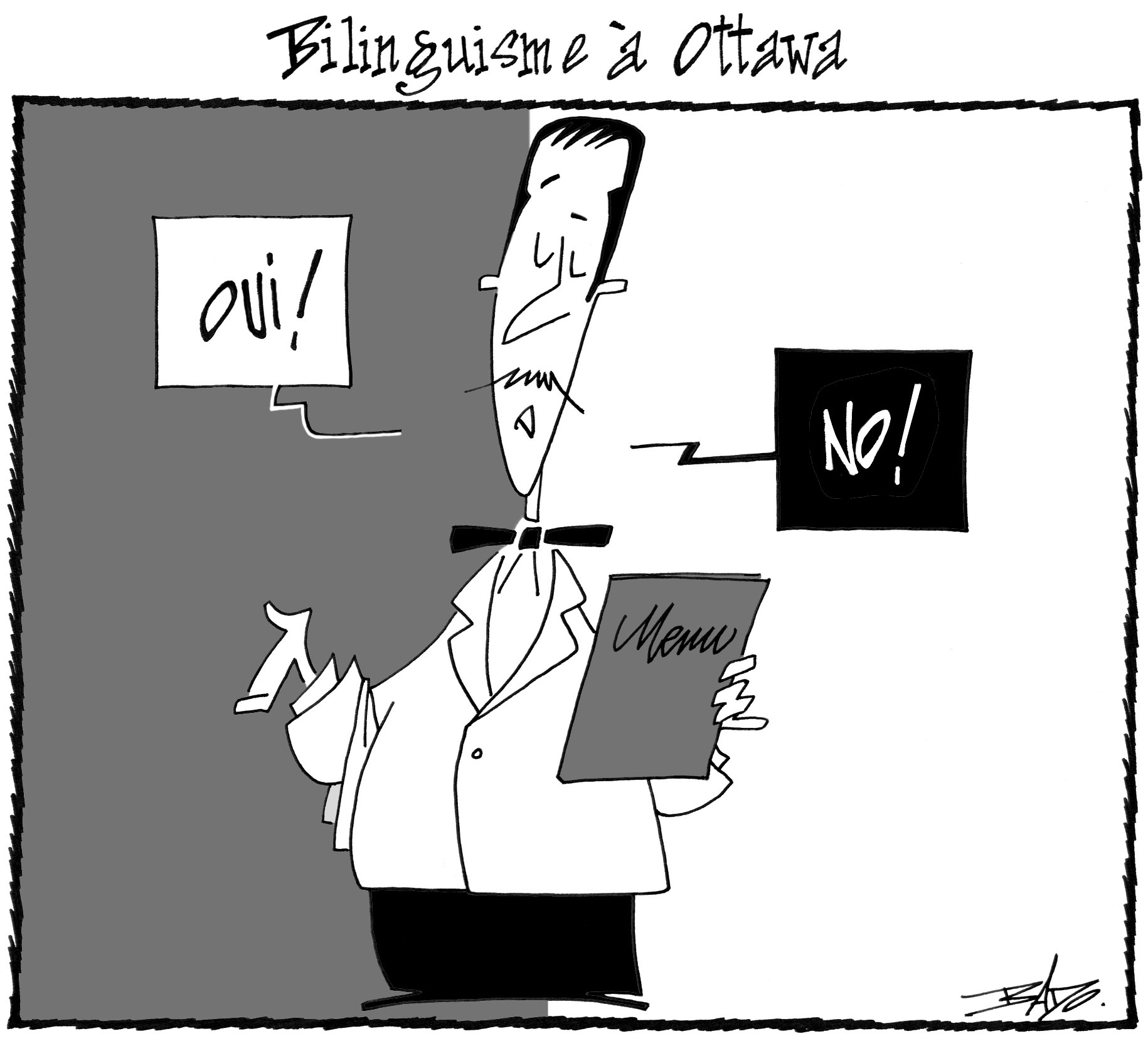 alt= "Translated from original French artwork. Title: Bilinguism in Ottawa Illustration: Drawing of a restaurant server answering both “Oui” and “No”.