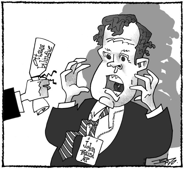 alt= Translated from original French artwork. Illustration: Drawing of John Baird horrified by the Ontario Liberal Government’s draft legislation on the City of Ottawa’s bilingualism.