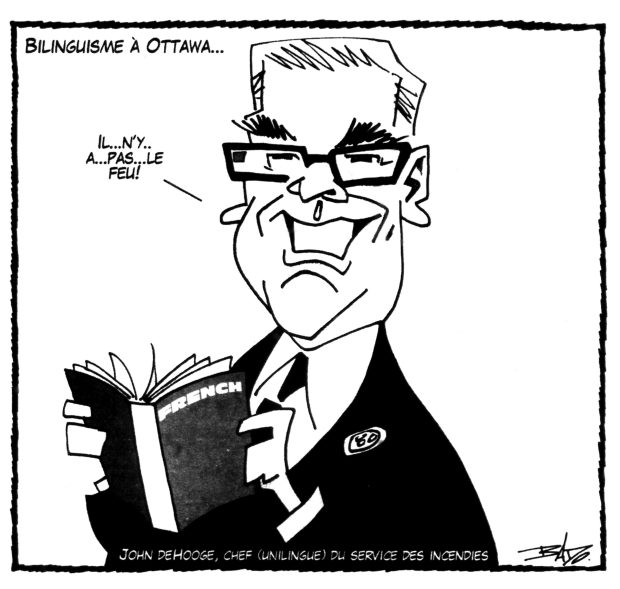 alt= Translated from original French artwork. Title: Bilinguisme in Ottawa… Illustration: Drawing of the new chief of police holding a French dictionary, very tentatively enunciating: there is no fire.