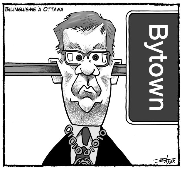 alt= Translated from original French artwork. Title: Bilinguisme in Ottawa Illustration: Drawing of Jim Watson with a sign going in one ear and out the other, on which is written Bytown, the former name of the City of Ottawa.