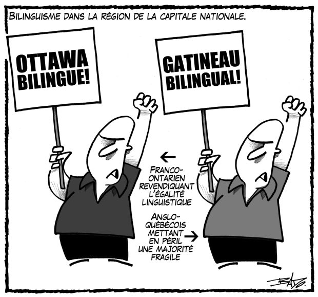 alt= Translated from original French artwork. Title: Bilinguism in the nation’s capital Illustration: Drawing of two demonstrators brandishing signs: the Franco-Ontarian’s slogan is “Ottawa bilingue!” And the Anglo-Quebecer’s is “Gatineau bilingual!”.