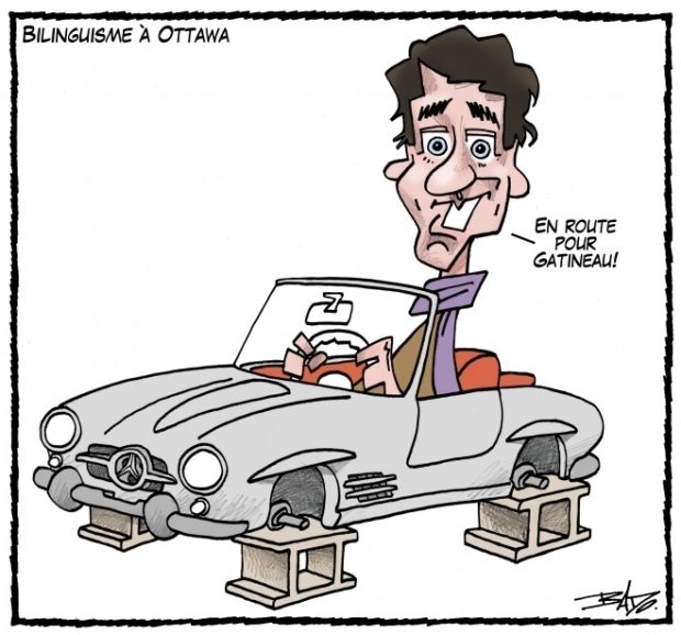 alt= Translated from original French artwork. Title: Bilinguisme in Ottawa Illustration: Drawing of Justin Trudeau at the wheel of a car without wheels, mounted on cement blocks, saying: heading to Gatineau!.