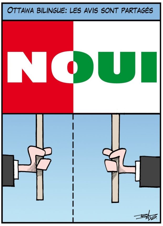 alt= Translated from original French artwork. Title: Opinions are divided on bilingual Ottawa Illustration: Drawing of two demonstration signs that merge to read “NOUI” (one says “OUI”, the other “NO”).