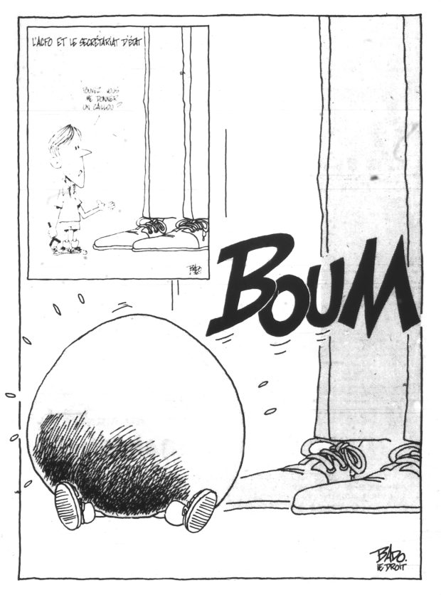 Further to the previous caricature. After asking the man in front of him for a stone, the little boy gets a huge rock on his head.