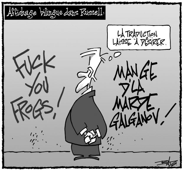 alt= Translated from original French artwork. Title: Bilingual sign in Russell) Illustration: a man stands reading the graffiti on a wall. On the left, we see “Fuck you frogs!” and on the right we see eat shit Galganov in french. The man reading the two messages comments to himself that the translation is somewhat substandard.