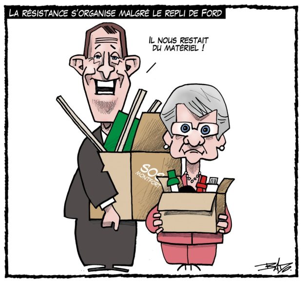 alt= Translated from original French artwork. Title: The resistance is getting organized, despite Ford’s backtracking Illustration: Bernard Grandmaître and Gisèle Lalonde carrying boxes containing different items for their campaign on behalf of Franco-Ontarians, Bernard Grandmaître commenting that they still had some ammunition!