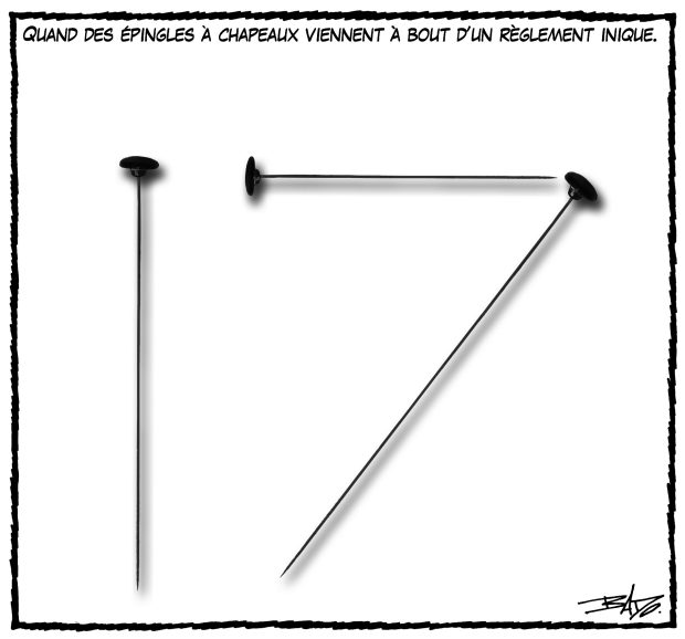 alt= Translated from original French artwork. Title: When hat pins defeat a single regulation Illustration: three hat pins arranged to depict the number 17.