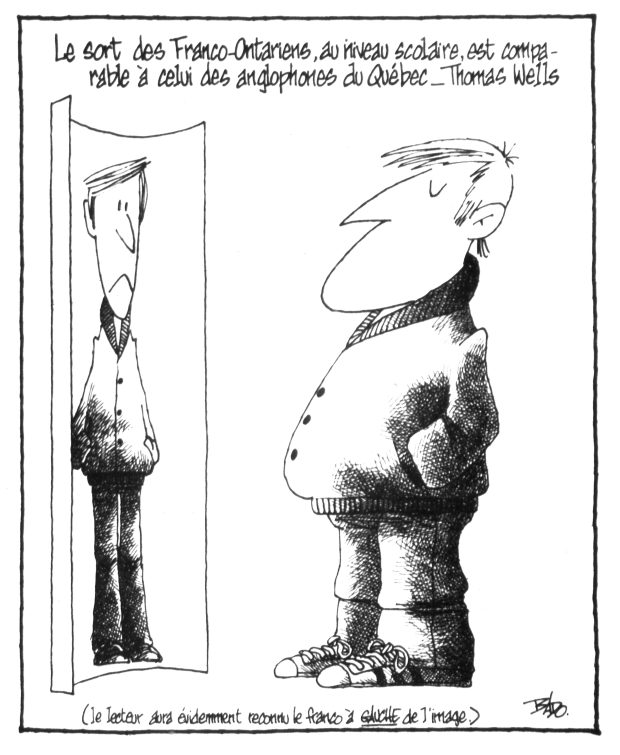 alt= Translated from original French artwork. Title: The fate of Franco-Ontarians regarding education is comparable to that of Quebec’s anglophones - quoting Thomas Wells Illustration: An anglophone man, somewhat hefty, standing in front of a distorting mirror in which he sees his skinny reflection. Under the drawing, there is an inscription that the reader will certainly recognize that the Franco is on the left in the picture.