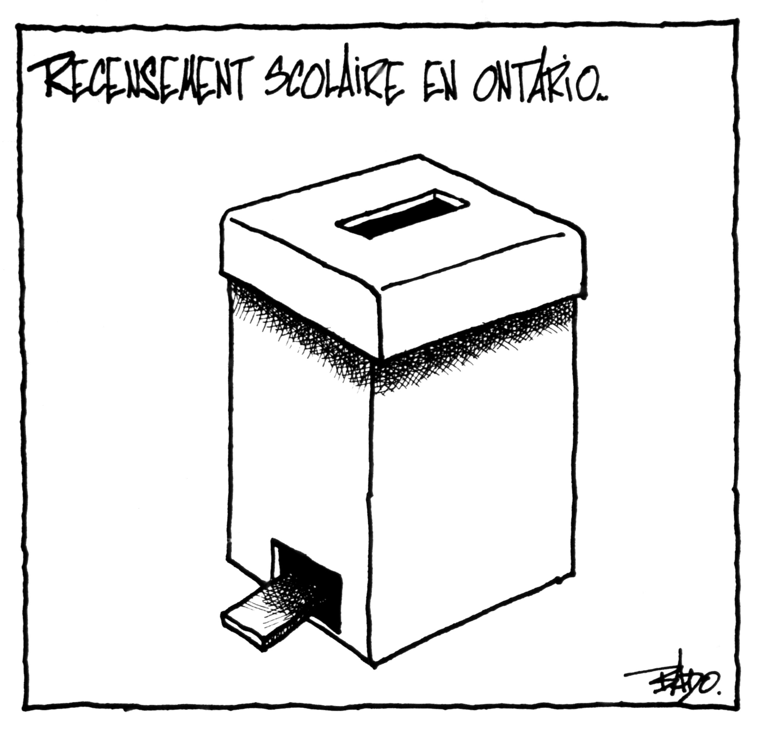 alt= "Translated from original French artwork. Title: School census in Ontario Illustration: Drawing of a ballot box shaped like a trash bin.