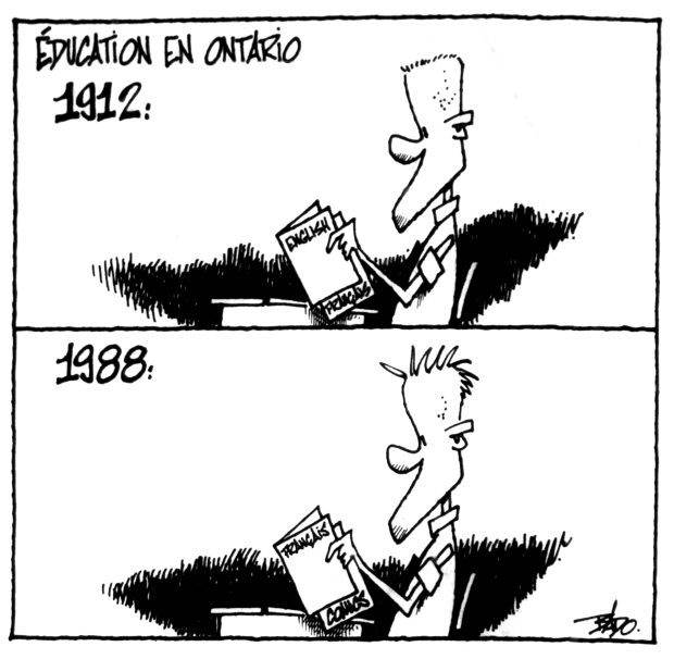 alt= Translated from original French artwork. Title: Education in Ontario Illustration: Two drawings of a boy reading a school manual. The top drawing is in 1912 and the bottom one in 1988. In 1912, the boy is hiding a French manual in the English manual. In 1988, the boy is hiding a comic book in a French manual.