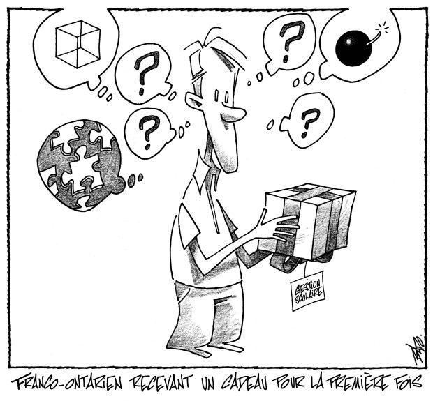 alt= Translated from original French artwork. Title: Franco-Ontarian receiving a gift for the first time Illustration: A confused francophone holding a gift box with a label identifying it as educational management.