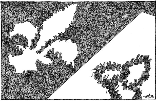 Illustration: Drawing of a crowd forming a huge Franco-Ontarian flag.