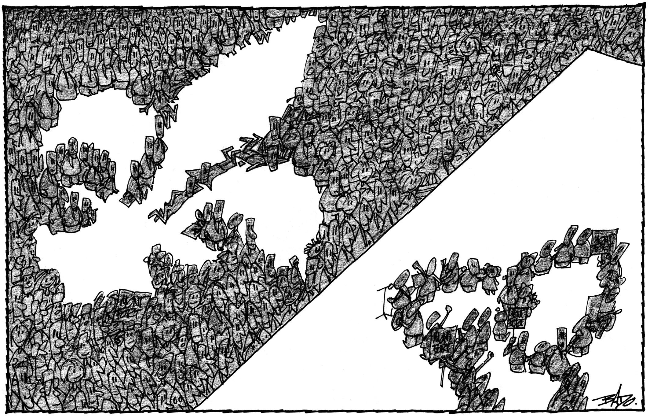 Illustration: Drawing of a crowd forming a huge Franco-Ontarian flag.