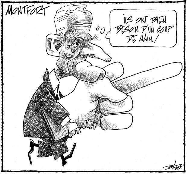 alt= Translated from original French artwork. Title: Montfort Illustration: Drawing of Claude Ryan holding a giant hand showing the middle finger, saying: They really need a hand!