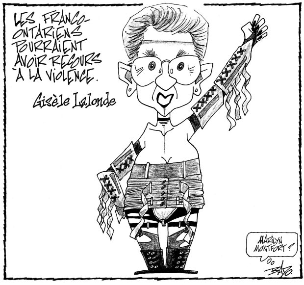 alt= Translated from original French artwork. Title: Franco-Ontarians may resort to violence Illustration: Drawing of Gisèle Lalonde, dressed like the singer Marilyn Manson, fist raised. Bado’s signature indicates: “Marilyn Montfort.”