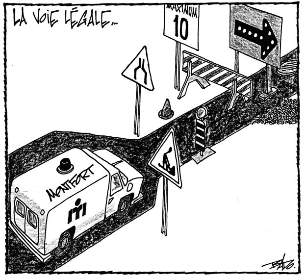 alt= Translated from original French artwork. Title: The legal route Illustration: Drawing of a Montfort ambulance whose route to the hospital is obstructed by several signs and construction.