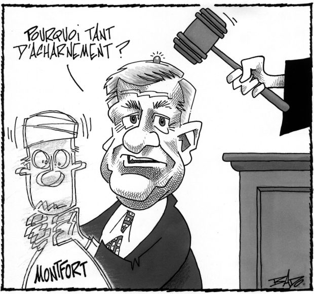 alt= Translated from original French artwork. Illustration: Drawing of Mike Harris in a hearing room, shaking a wounded patient of the Montfort, asking why all the fuss? while a judge hits him on the head with his gavel.
