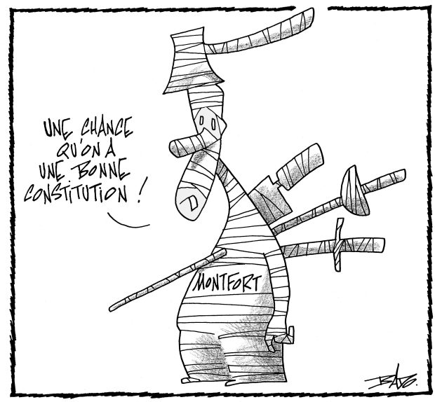 alt= Translated from original French artwork. Illustration: Drawing of a mummified patient pierced by a sword through the back, whose bandages are labelled MONTFORT. The patient is saying: Luckily we have a good constitution!