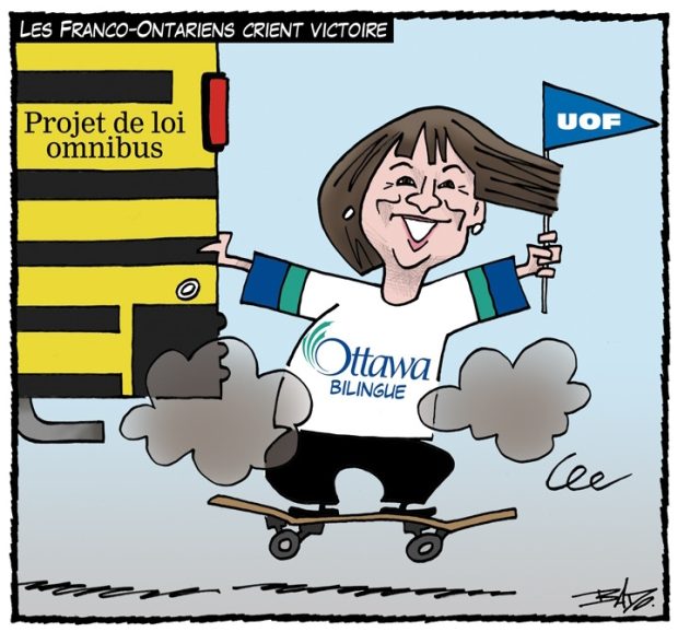 alt= Translated from original French artwork. Title: Franco-Ontarians claim victory Illustration: Drawing of Ontario’s Minister of Francophone Affairs, Marie France Lalonde, on a skateboard, hanging onto a school bus inscribed with omnibus bill. She is wearing a t-shirt with the inscription bilingual Ottawa and is holding a small flag that says “UOF”.