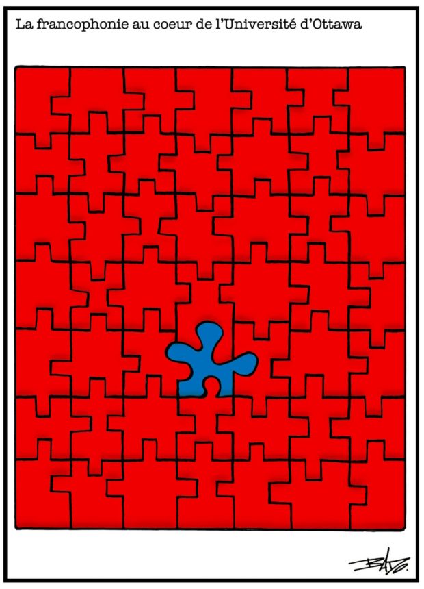 alt= Translated from original French artwork. Title: Francophonie at the heart of University of Ottawa Illustration: Drawing of a puzzle where every piece is red. There is only one blue piece, at the centre, representing francophones.