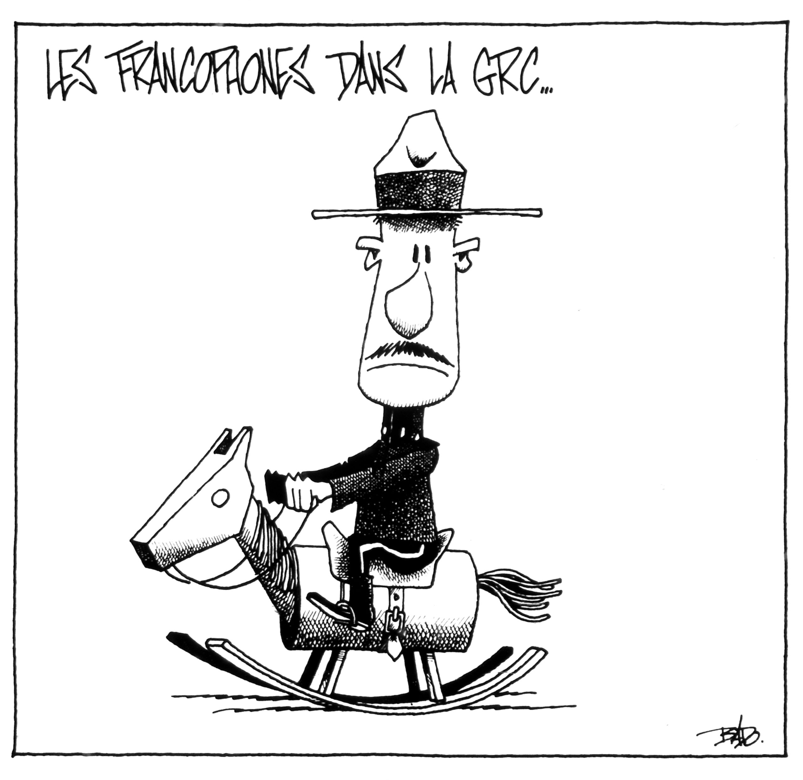 alt= "Translated from original French artwork. Title: Francophones in the RCMP Illustration: An RCMP officer, despondently sitting on a rocking horse.