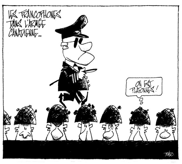 alt= Translated from original French artwork. Title: Francophones in the Canadian army Illustration: A high-ranking officer walks on the heads of soldiers hunkered down in a trench. One of the soldiers says: We’re capped!