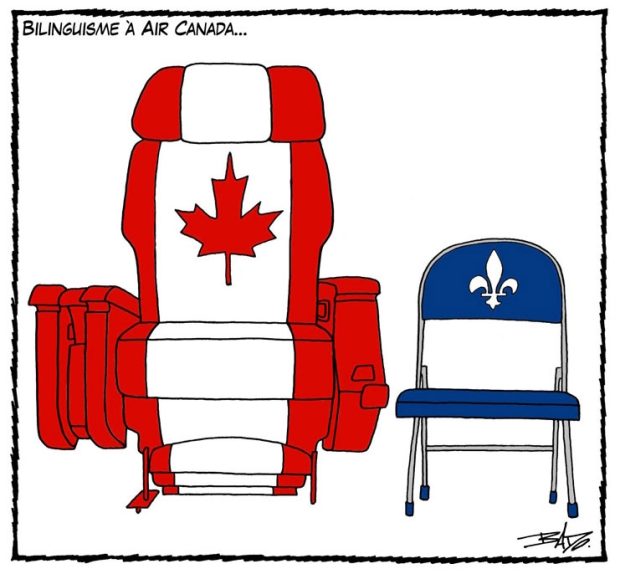 alt= Translated from original French artwork. Title: Bilingualism at Air Canada Illustration: Two armchairs side-by-side: the one on the left represents a large airplane seat covered in the design of the Canadian flag, the one on the right a small folding chair with the Quebec flag.