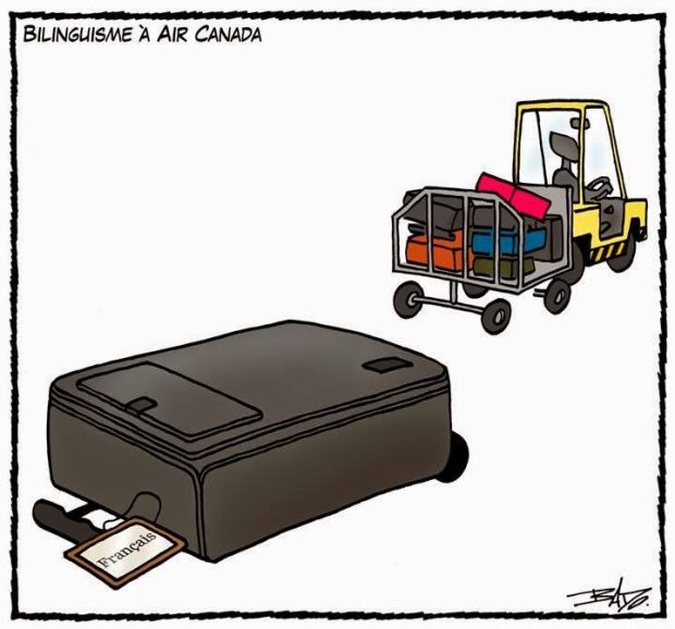 alt= Translated from original French artwork. Title: Bilingualism at Air Canada Illustration: A baggage cart carrying passengers’ luggage. It drops a large grey suitcase bearing a sticker labelled “French”.