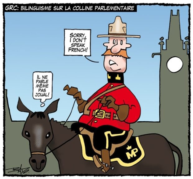 alt= Translated from original French artwork. Title: RCMP: bilingualism on Parliament Hill Illustration: An RCMP officer on his horse, patrolling Parliament Hill. The officer says: “Sorry, I don’t speak French”, while the horse is thinking He doesn’t even speak joual!