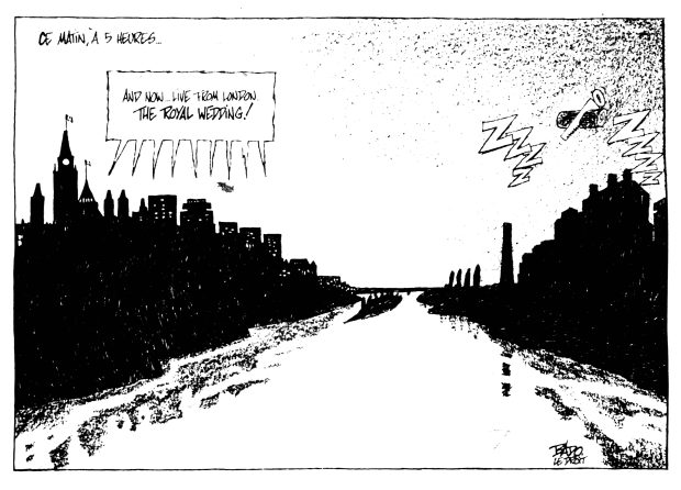 alt= Translated from original French artwork. Title: At 5 a.m. this morning Illustration: Drawing of the two sides of the Ottawa River. On the Ontario side, we hear TV commentators reporting: And now…live from London, the royal wedding! On the Quebec side, everyone is fast asleep.