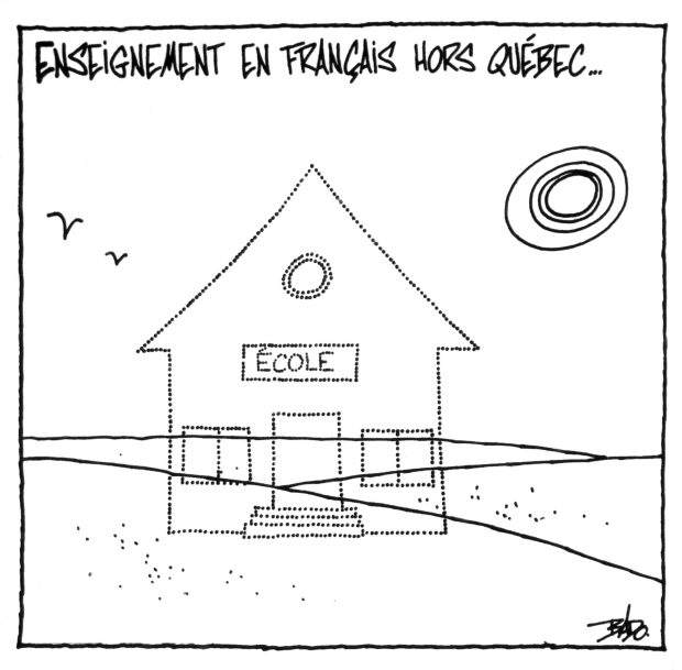 alt= Translated from original French artwork. Title: French-language instruction outside Quebec Illustration: The outline of an invisible school drawn in dotted lines, symbolizing the difficulty in gaining access to education in a minority language.