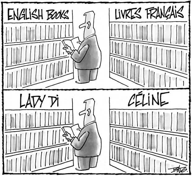 alt= Translated from original French artwork. Illustration: Two identical depictions of a man in a library. In the top one, the library is divided into two sections: “English books” and “Livres français”. In the bottom one, the sections are marked “Lady Di” on the anglophone side, and “Céline” on the francophone side.